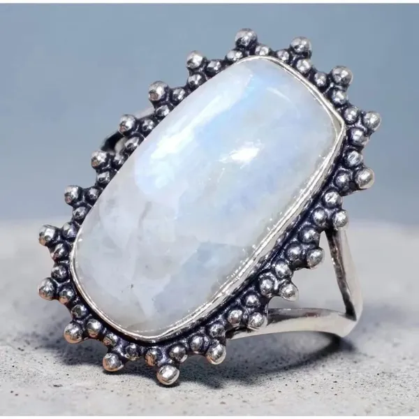 Rainbow Moonstone 925 Silver Overlay Ring Size 9 - Image 3