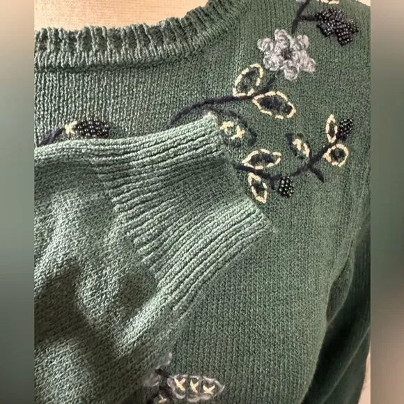 Vintage Beaded Floral Knit Sweater Green Embroidered‎ Pullover small - Image 3