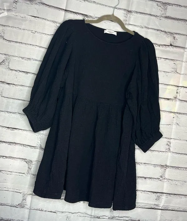 Carly Jean Los Angeles Black Blouse 1/4 Sleeve Mini Dress SZ S 100% Cotton Top - Image 2