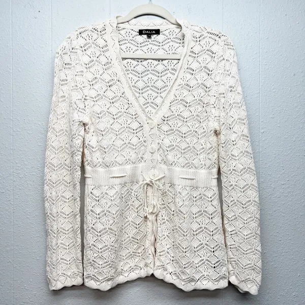DALIA Pointelle Knit Tie Front Cotton Cardigan Sz Large Cottage Beachy Coastal - Image 6