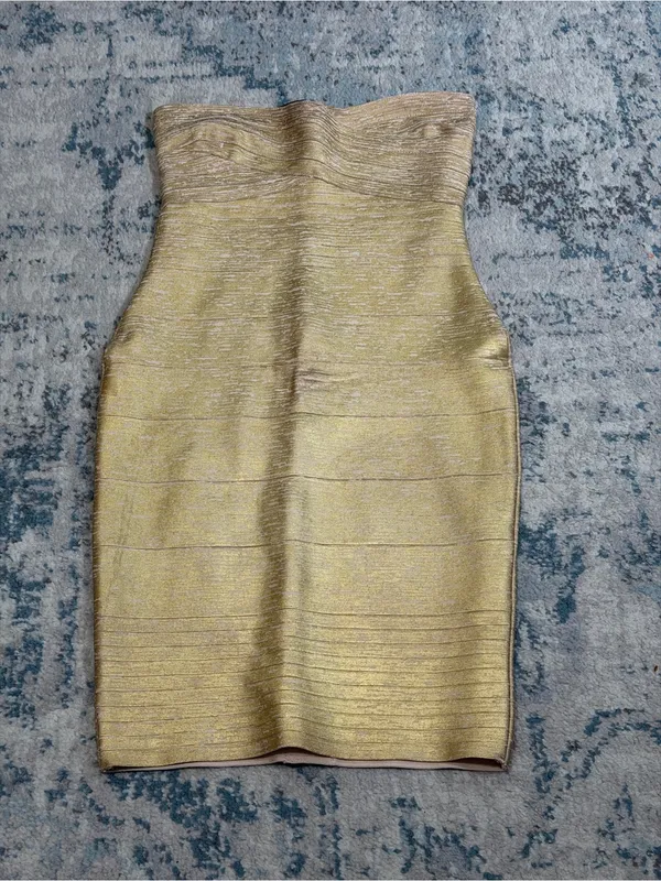 Herve Leger Isla Metallic Strapless Gold Bandage Mini Dress Size Medium - Image 3