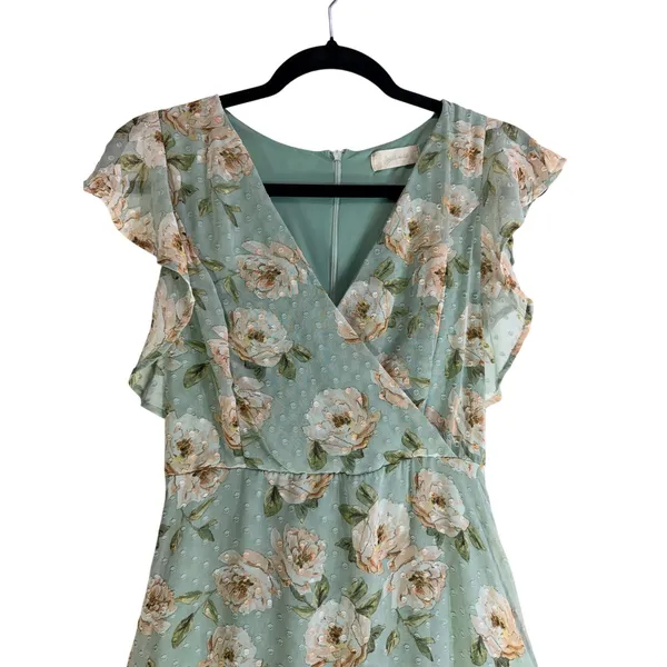 Altar’d State Green Floral Midi Dress Ruffle Sleeve V Neck No Belt - Image 3