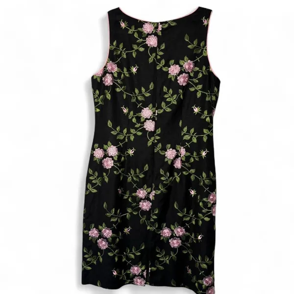 VTG Jessica Howard Embroidered Pink Roses Linen Blend Black Cocktail Dress Sz 14 - Image 5
