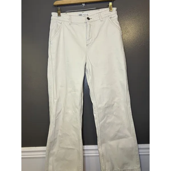 Zara Pants Womens 6 White Denim Straight Leg Casual Pockets Flat Front - Image 2