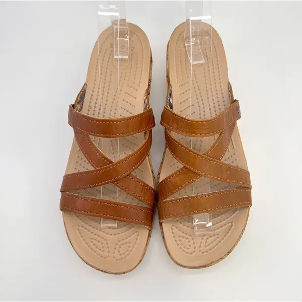 Crocs A-Leigh Leather Cork Wedge Sandals Brown Strappy Slip On Womens 8 Comfort - Image 5