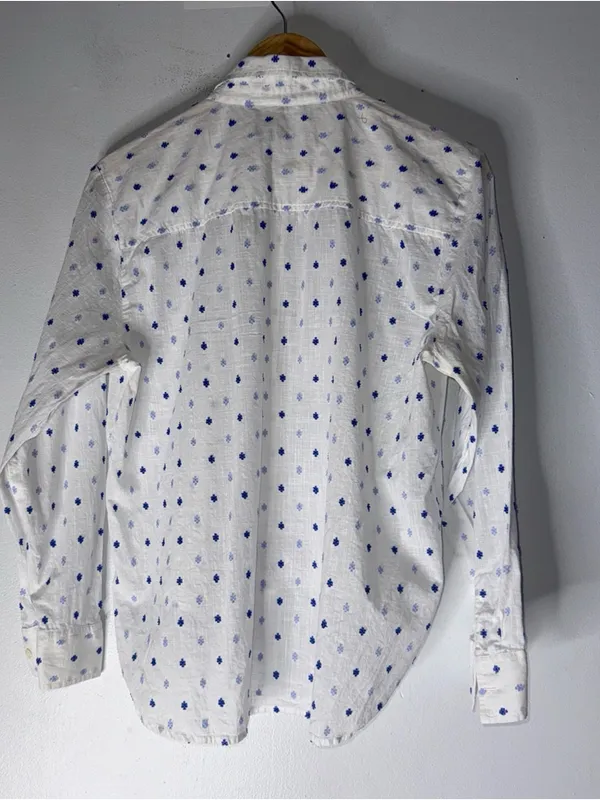 Loft Button‎ Down Tie Front Collar Top White Blue Textured Pattern Large - Image 2