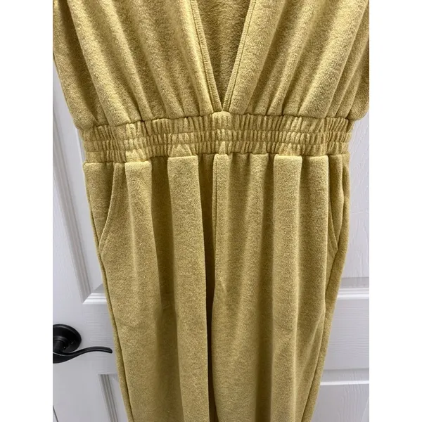 Vada Winter‎ x Maverick Jumpsuit L Mustard Yellow Knit Smocked V Neck Pockets - Image 7