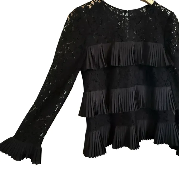 J.Crew Black Lace Tiered Ruffle Long Sleeve Blouse Romantic Chic Women’s Size 6 - Image 3
