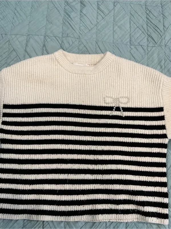 Zara Cream and Black Striped Crewneck Sweater - Image 5