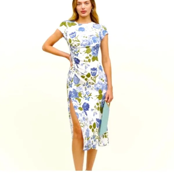 NWT Reformation Blue Floral Midi Dress Slit Ruched Cottagecore Wedding Guest - Image 3