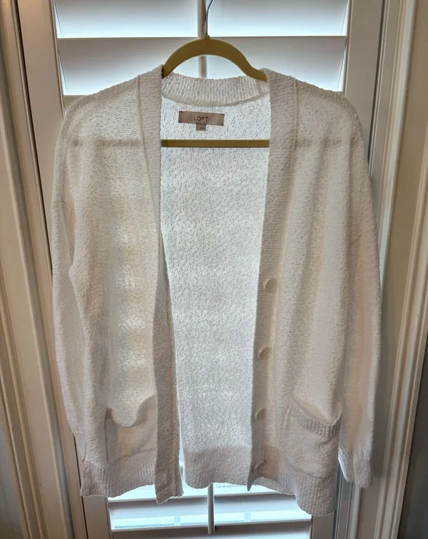 Loft White Cardigan Sweater Knit Pockets Medium - Image 3
