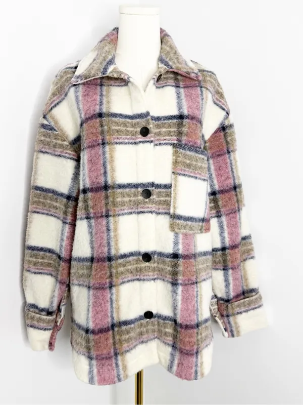 Zara Plaid Overshirt Jacket Size M Pink Cream Shacket Button Front - Image 3