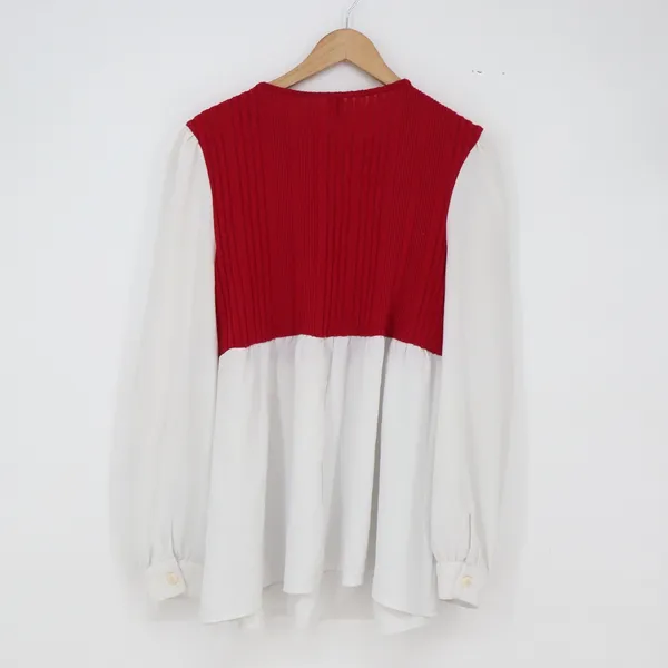 SHEIN Tunic Top Womens 12 Mixed Media Babydoll Red White Ribbed Peplum Excellent - Image 4