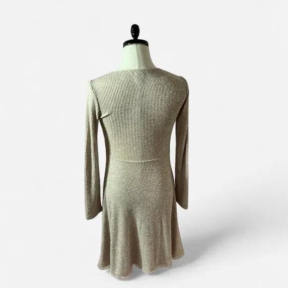 American Rag Ribbed Knit Button Front Dress Womens M Tan Boho Fit Flare Raw Hem - Image 3