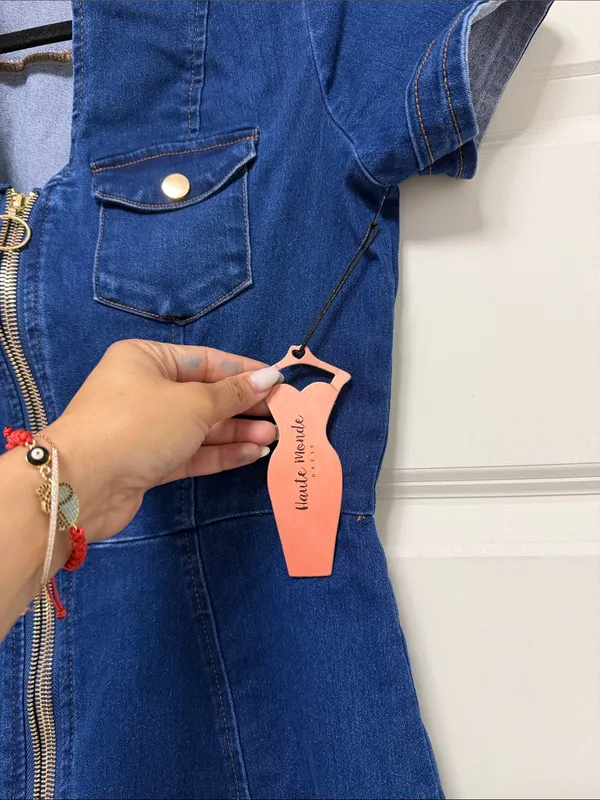 Navy Blue Denim Mini Dress with Front Zip - Image 6