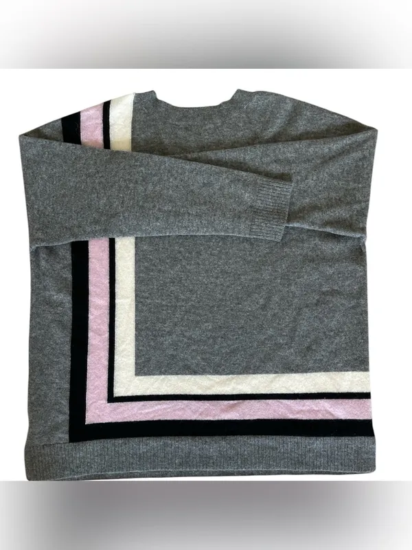 Charter Club Pure Cashmere Border Trim Sweater Gray Heather Pink Stripe Large - Image 4