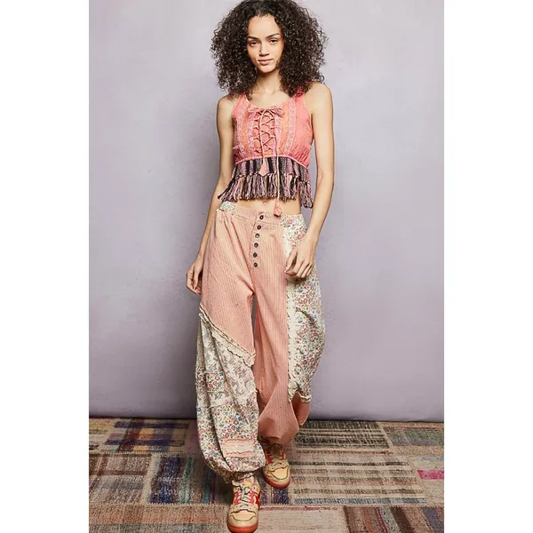 POL Lace-Up Fringe Hem Tank with Lace Detail - Pink - Large - Image 5