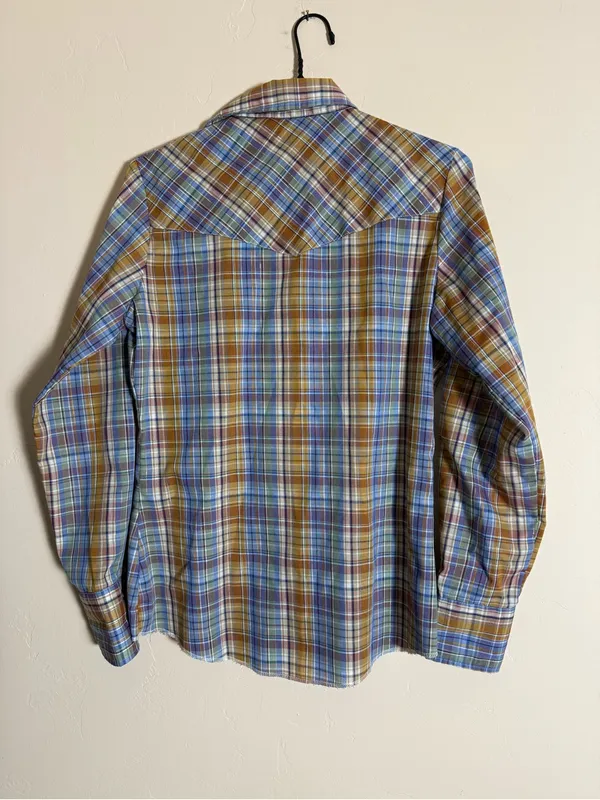 Wrangler 80s Wrangler blue, metallic, brown, and white plaid western shirt - Image 2