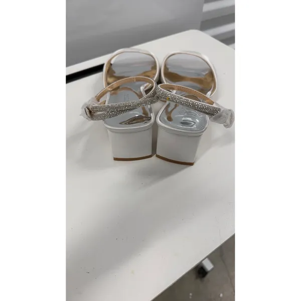 White Satin Rhinestone Ankle Strap Square Toe Block Heel Sandals Size 10 - Image 6