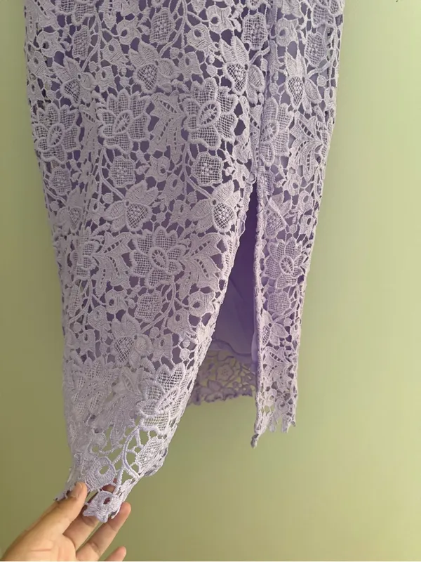 ASTR Lavender Strapless Lace Midi Dress with Side Slit - Image 4