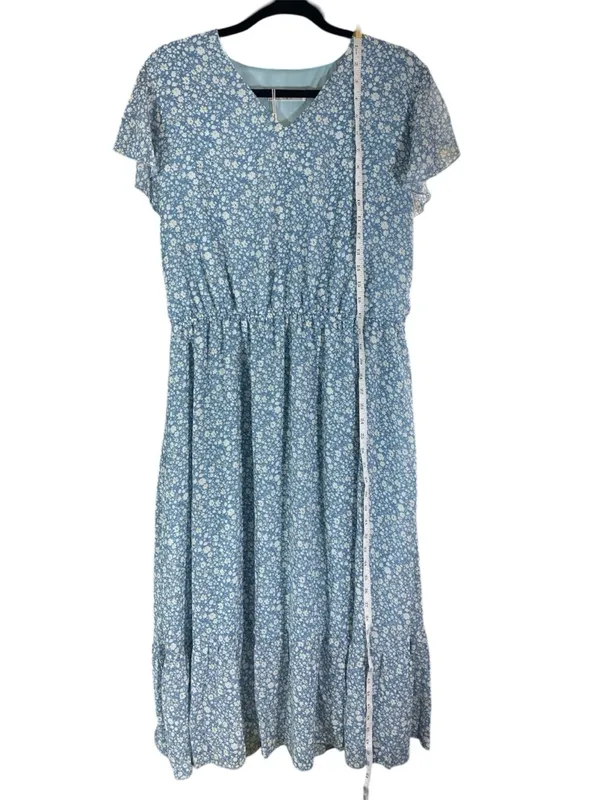 Manydress Blue Floral Midi Dress Flutter Sleeve Tie Waist Cottagecore Boho XL - Image 3