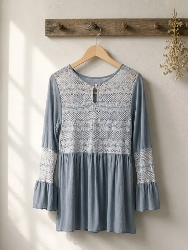 POL Dusty Blue Lace Yoke Peasant Tunic - Image 4