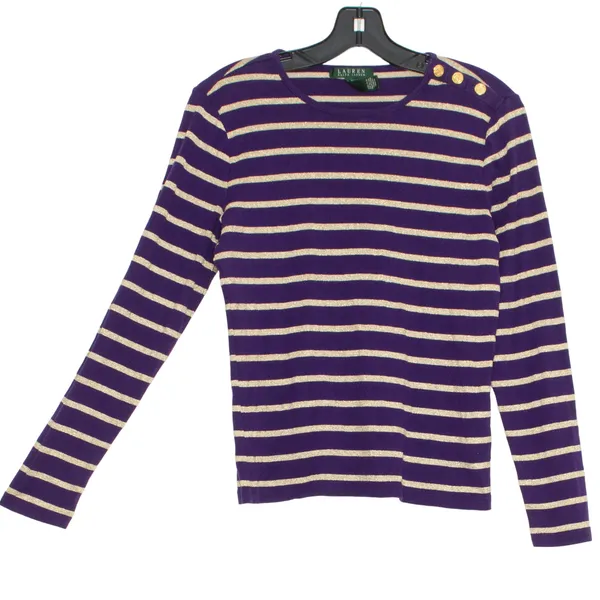 Lauren Ralph Lauren Top Preppy Academia Minimalist Metallic Stripe Purple Medium - Image 6