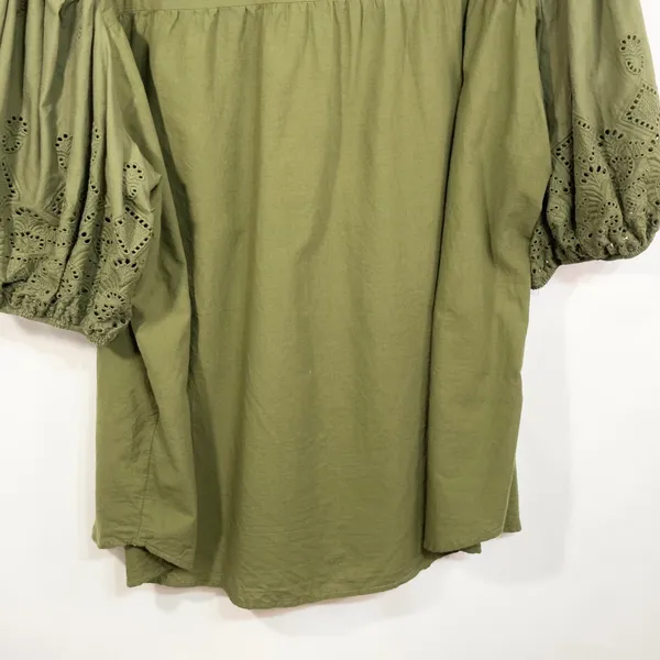 Maurices XXL Top Eyelet Blouse Peasant Top Puff Sleeve‎ Olive Green 907 - Image 11