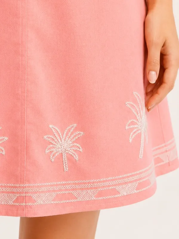 GIGIO Palm Tree Embroidered Linen Mini Dress Bubble Sleeve L - Image 6