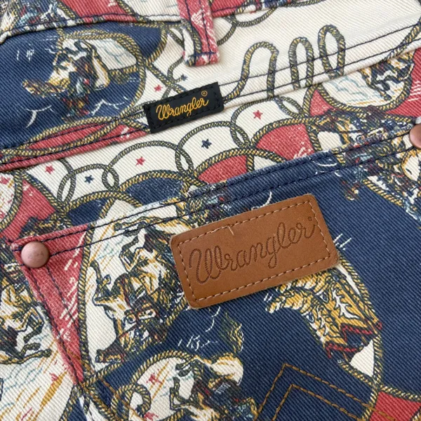 Wrangler Rodeo Print Denim Shorts 32 Red Blue High Rise Western Cowgirl Festival - Image 4