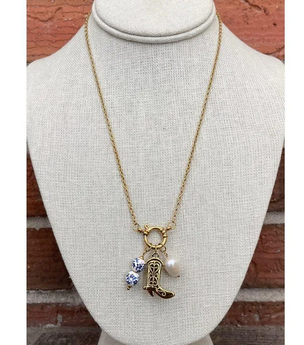 Boot Charm Necklace with Blue Floral Beads and Faux Pearl - Image 2