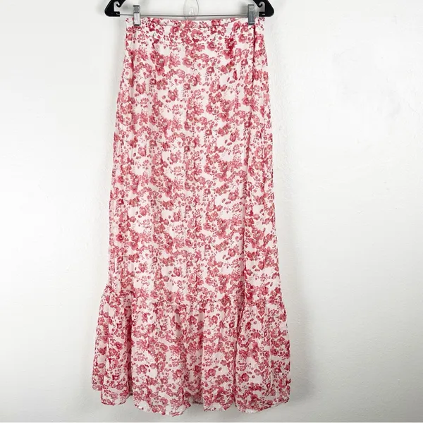 LULUS Sweetly Blooming Ivory Floral Lined Tiered Maxi Skirt Medium Boho Casual - Image 2