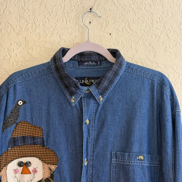 Luna Pier Button Up Denim XL Blue Scarecrow Patchwork Blue Shirt Novelty Fall - Image 10