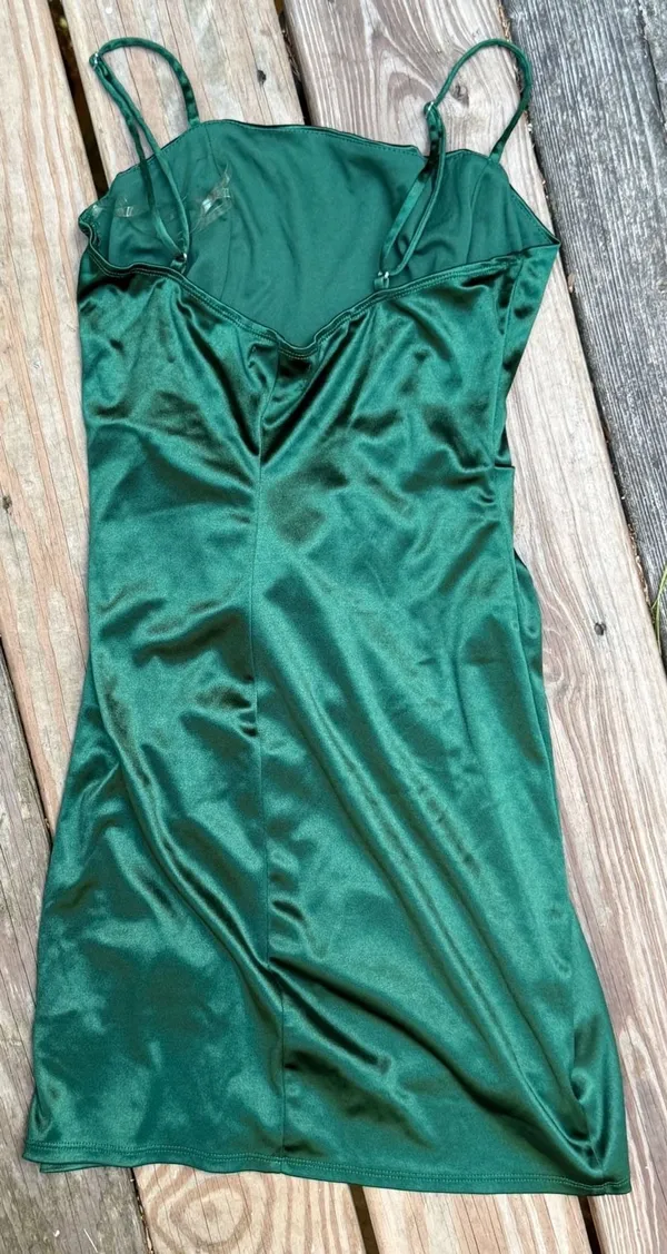 Emerald Sundae Satin Mini Dress Size L Green Ruched Bodycon - Image 3
