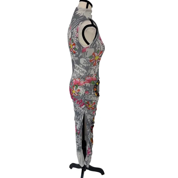 Ed Hardy Tattoo Tiger Mesh Maxi Dress Y2K Grunge Cyber Mock Neck Bodycon Size S - Image 3
