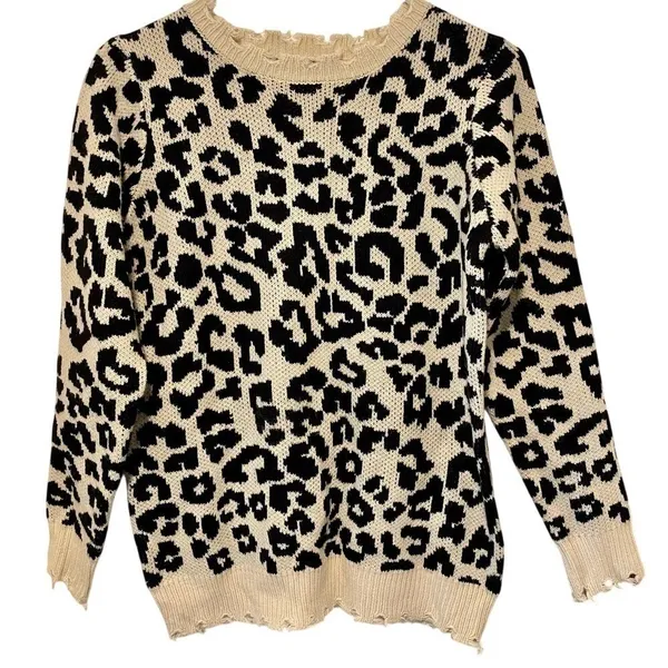 Staccato Black/Cream Distressed Long Sleeve Cheetah Print Sweater - Image 3