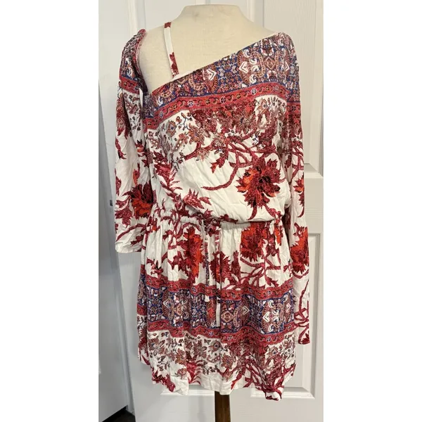 Free‎ People Mini Dress Sz MED Modern Nomad Off-Shoulder Floral Boho Bell Sleeve - Image 2