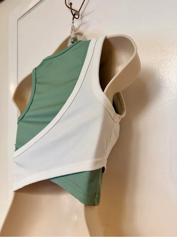 Fresral Ribbed Colorblock Wrap Crop Tank Top Sage Green White Size Small S - Image 9