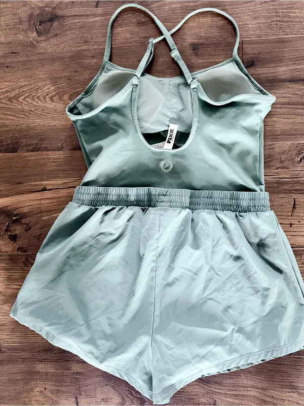 PINK Victoria's Secret Sage Green Active Romper One Piece Shorts - Image 5
