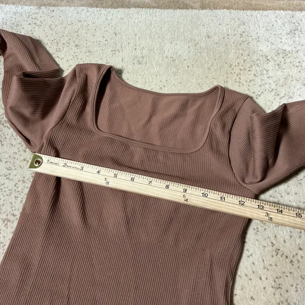 OQQ Ribbed Long Sleeve Bodycon Dress Womens M Brown Square Neck Mini‎ Stretch - Image 4