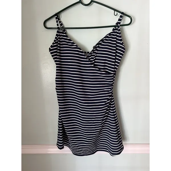 Garnet Hill Surplice Wrap One‎ Piece Striped Swim Dress 6 Blue White - Image 3