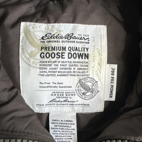 Women's Eddie Bauer Medium Premium‎ 700 Fill Goose Down Brown Vest Fur Neck - Image 3