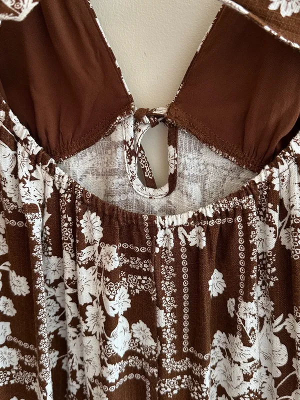 Paper Heart Anthropologie Chocolate Brown Floral Linen Maxi Dress, Size Large - Image 15
