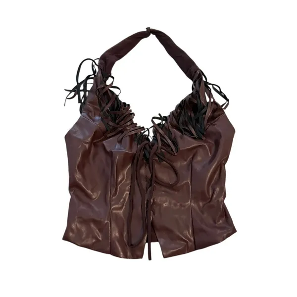 Superdown Kay Faux Leather Top in Brown, Size S - Image 3