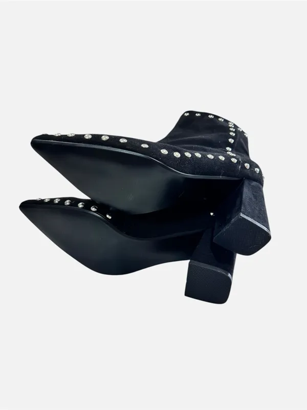 Black Faux Suede Studded Pointed Toe Block Heel Ankle Boots Size 10 10.5 42 - Image 8