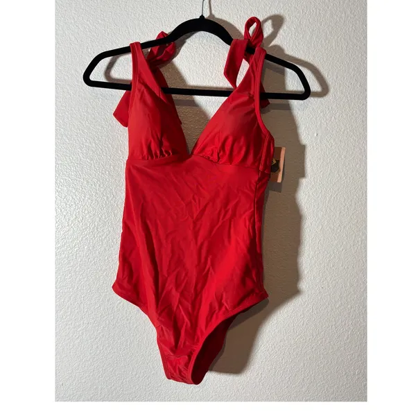 Shade & Shore NEW Women's Size S Red Tie-Shoulder Back Cutout One-Piece Swimsuit - Image 3