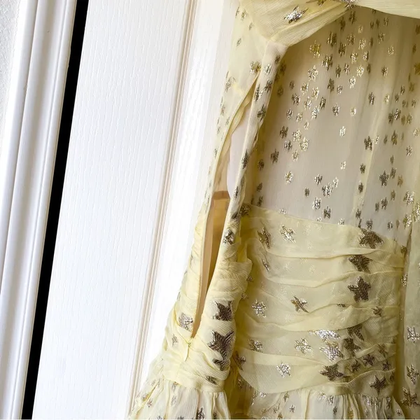 LoveShackFancy Dress Rina Silk Metallic Star Ruffle Mini Sunmer Sunflower 2 EUC - Image 7