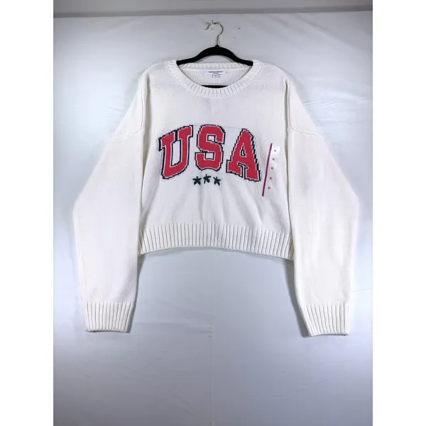 Grayson Threads Women XL USA Graphic Cropped Sweater Cream Knit Long Sleeve NWT - Image 3