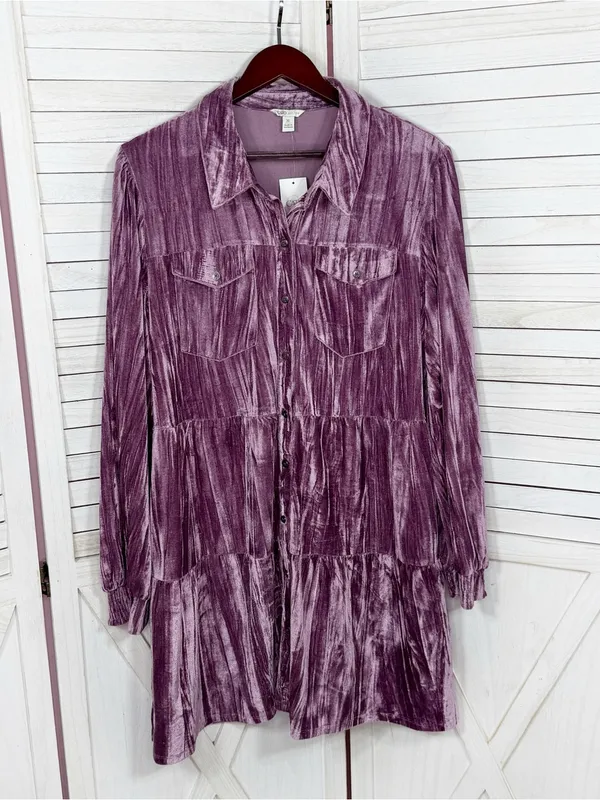 Cato Crushed Velvet Tiered‎ Babydoll Shirt Dress Mauve Purple XL Boho Cottage - Image 8