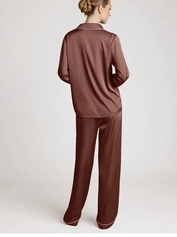 Azazie Satin Long-Sleeve Pajama Set in Expresso Brown - Image 2